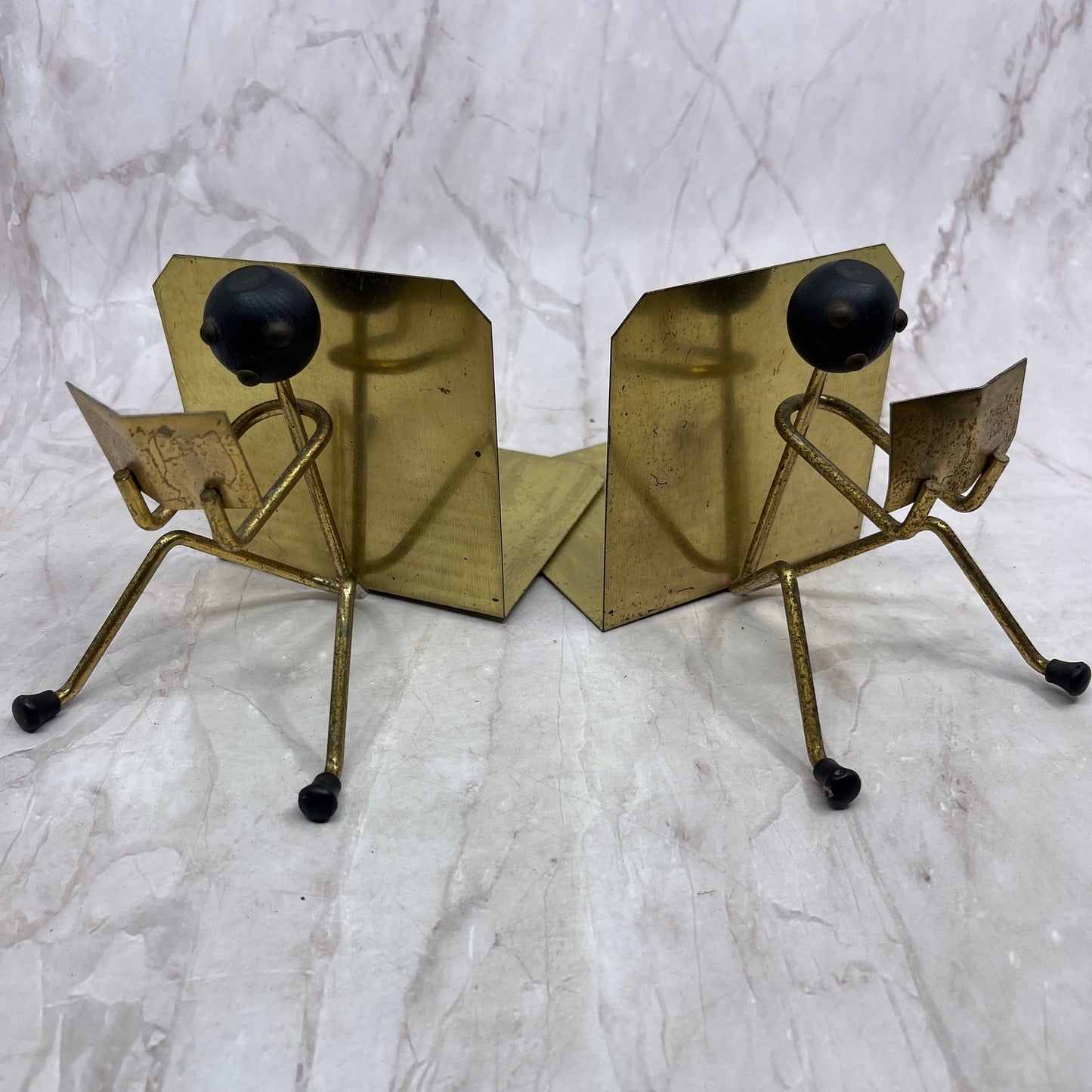 1950s MCM Modernist Brass and Wood Stick Figure Bookends Set of 2 TH9