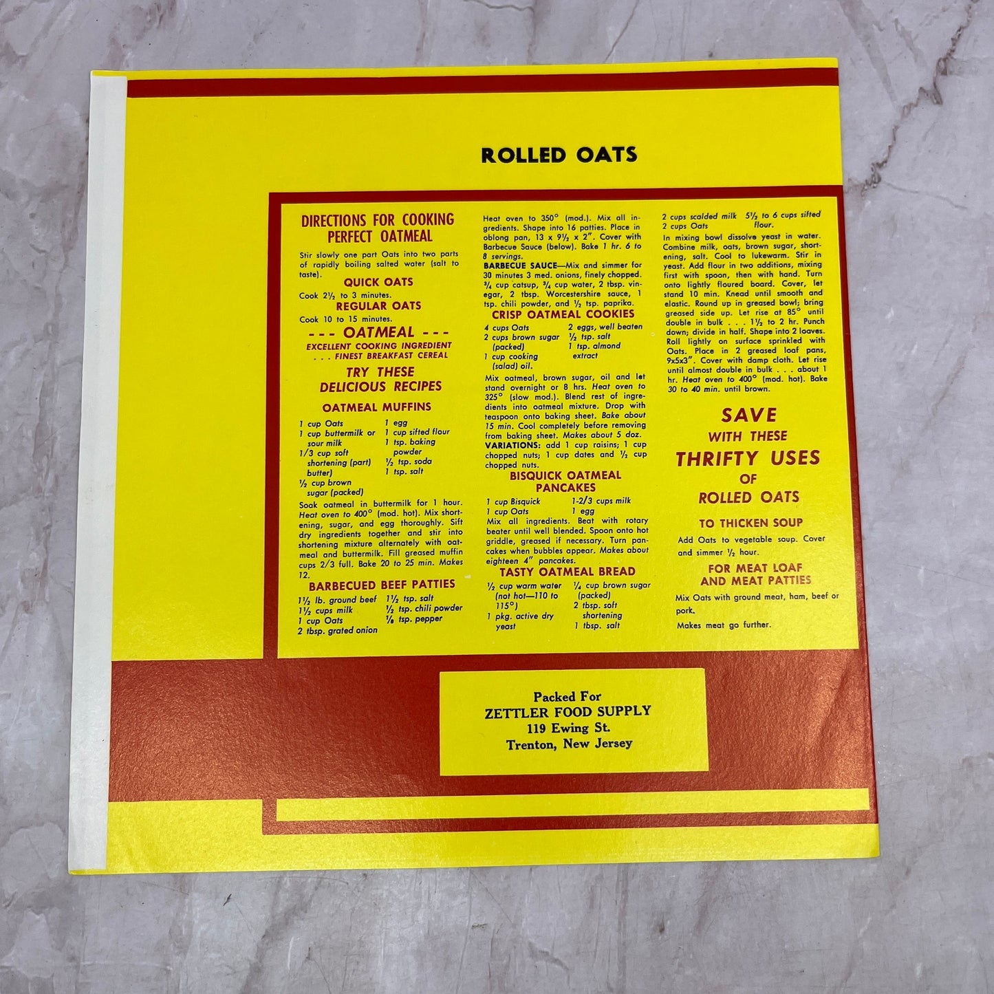 Zettler's Best Rolled Oats Label Zettler Food Supply Trenton New Jersey TH9