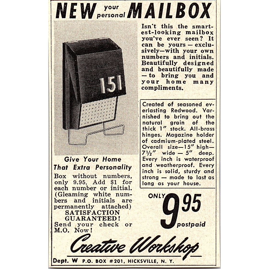 Creative Workshop Personal Mailbox Hicksville NY 1952 Yankee Magazine Ad SAG5-M3