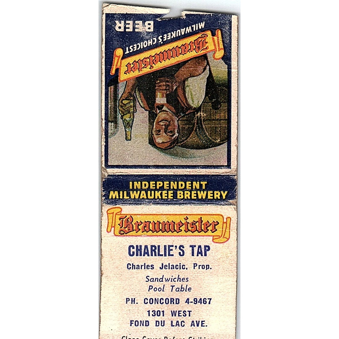 Charlie's Tap Charles Jelacic Fond Du Lac WI Vintage Matchbook Cover SC7-Y11
