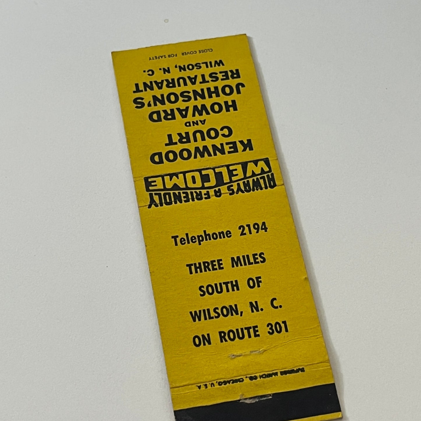 Kenwood Court & Howard Johnson's Restaurant Wilson NC Matchbook Cover TB6-MB2-6