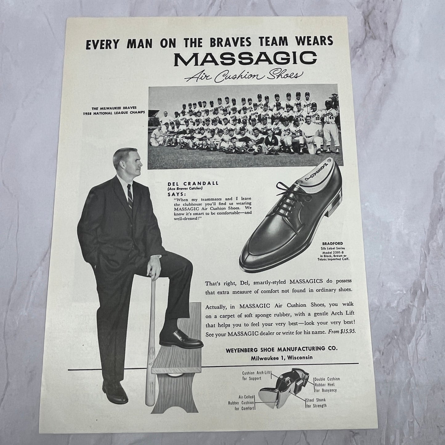 Del Crandall Milwaukee Braves MLB Massagic Shoes Vintage 8x10 Ad V14-5
