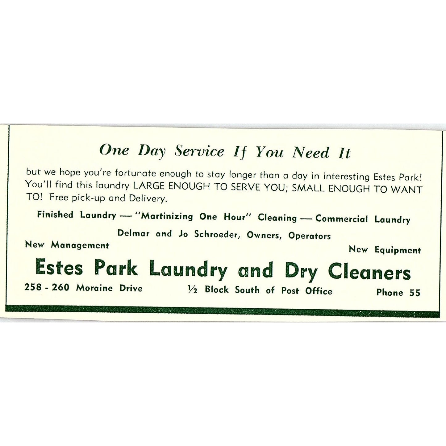Lee Tighe Drug Store, Laundry Delmar & Jo Schroeder 1957 Estes Park CO Ad AG4-M1
