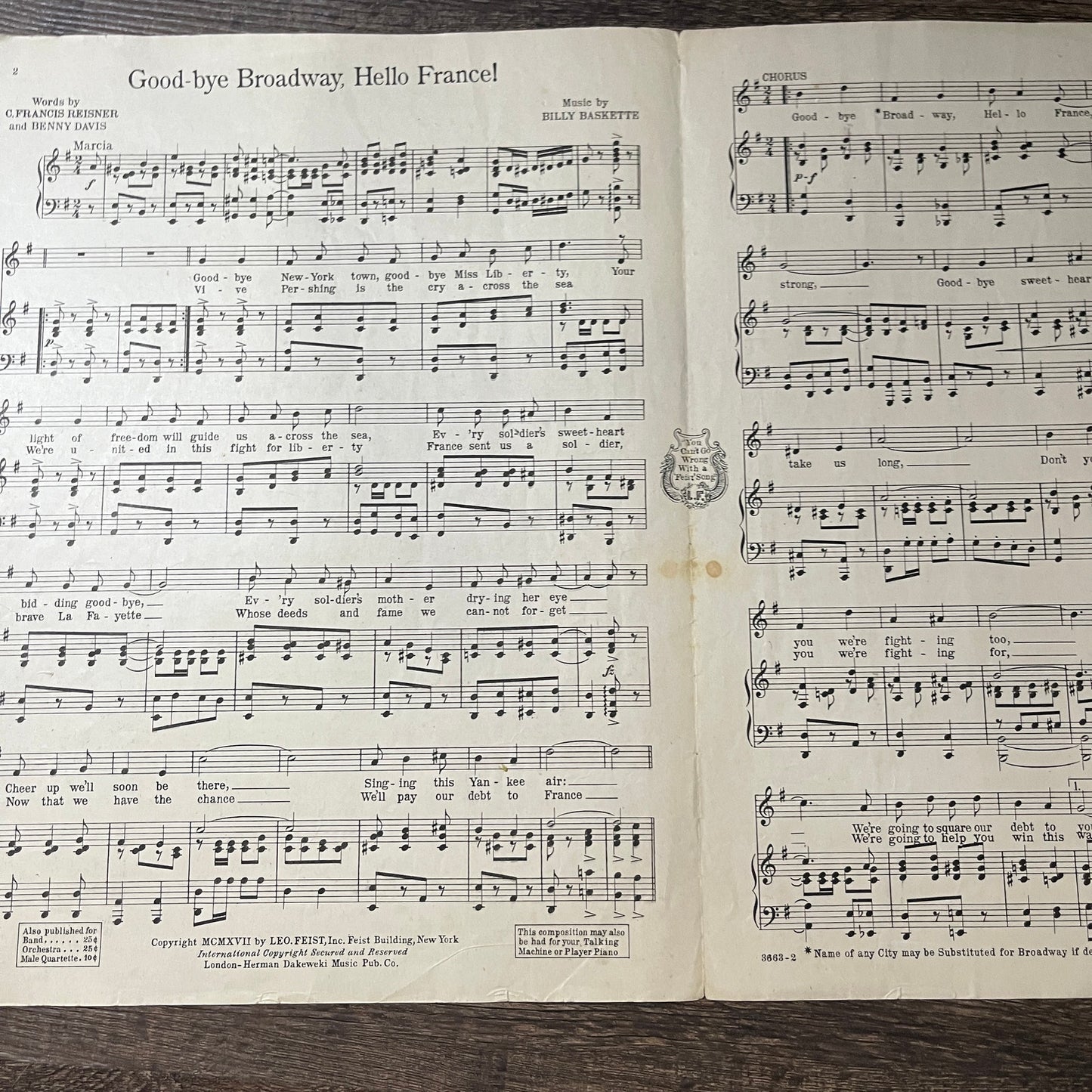 Good-Bye Broadway, Hello France WWI C. Francis Reisner 1917 Sheet Music V13