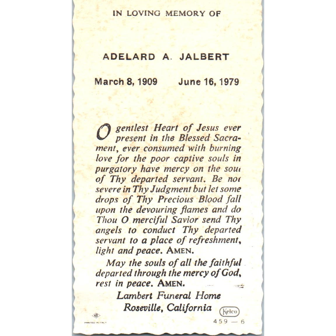1979 Funeral Prayer Card Adelard A. Jalbert Roseville California AE4