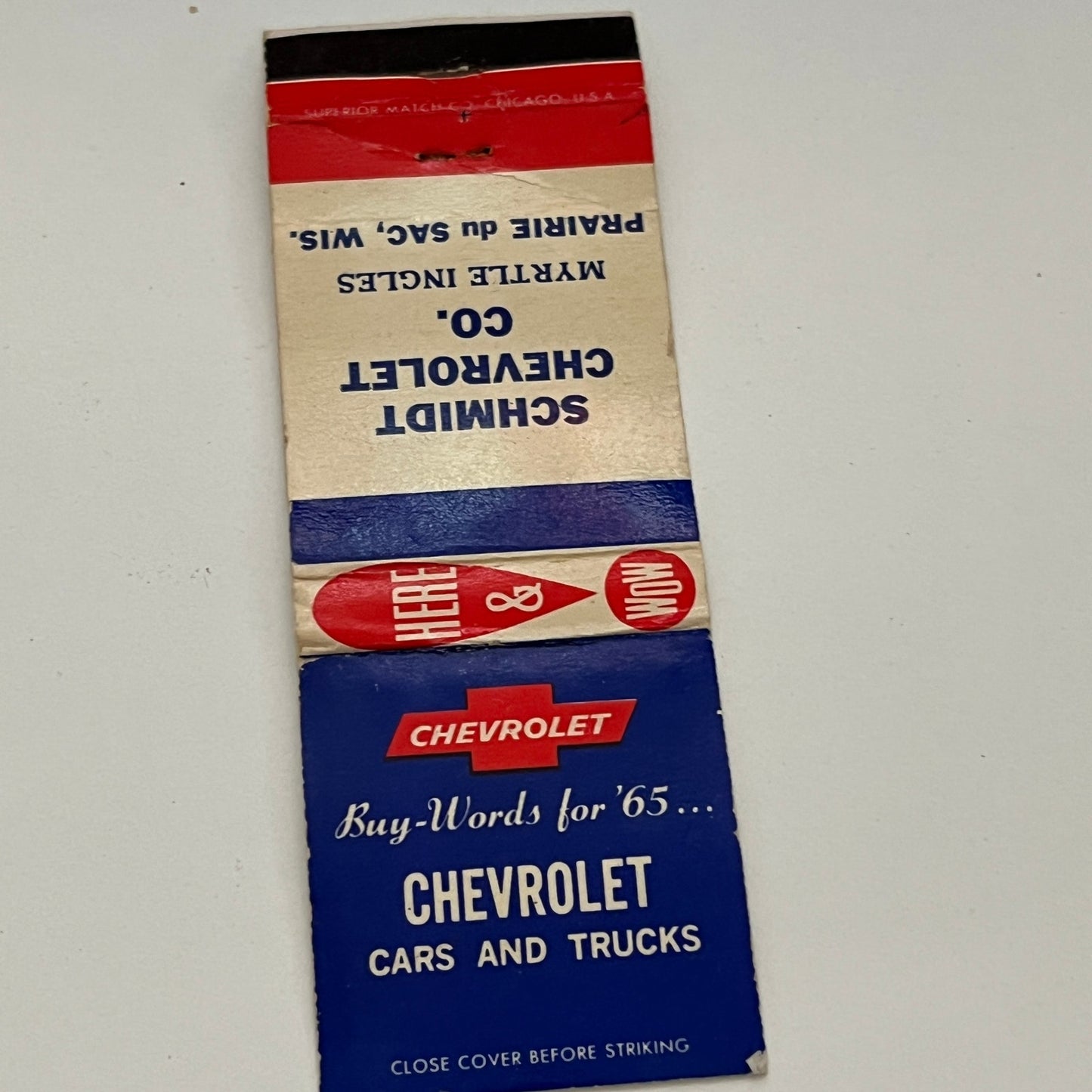 Schmidt Chevrolet Myrtle Ingles Prairie Du Sac WI Vintage Matchbook TB6-MB2-14