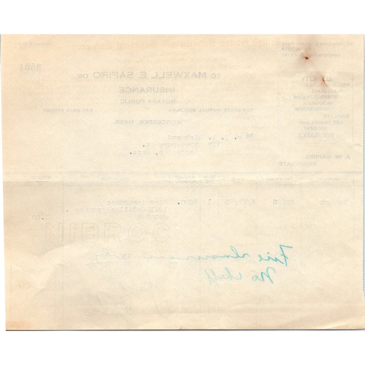 Maxwell E. Sapiro Ins Worcester 1925 Original Billhead Letterhead Receipt D8-LL