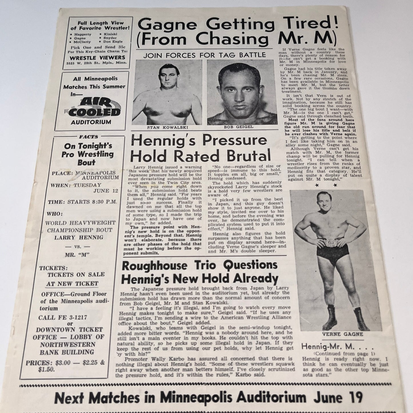 Hennig Mr M Cry Baby Canon 6-12 1962 Sports Facts Wrestling Program & Card V1-3