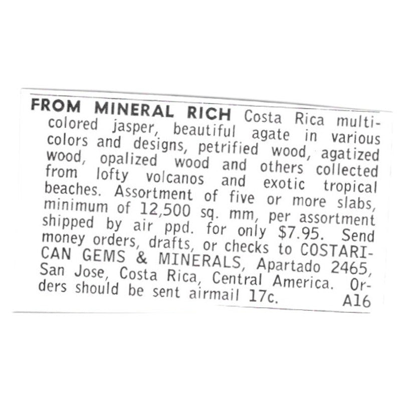 Costa Rican Gems & Minerals San Jose 1972 Ad AF8-S15