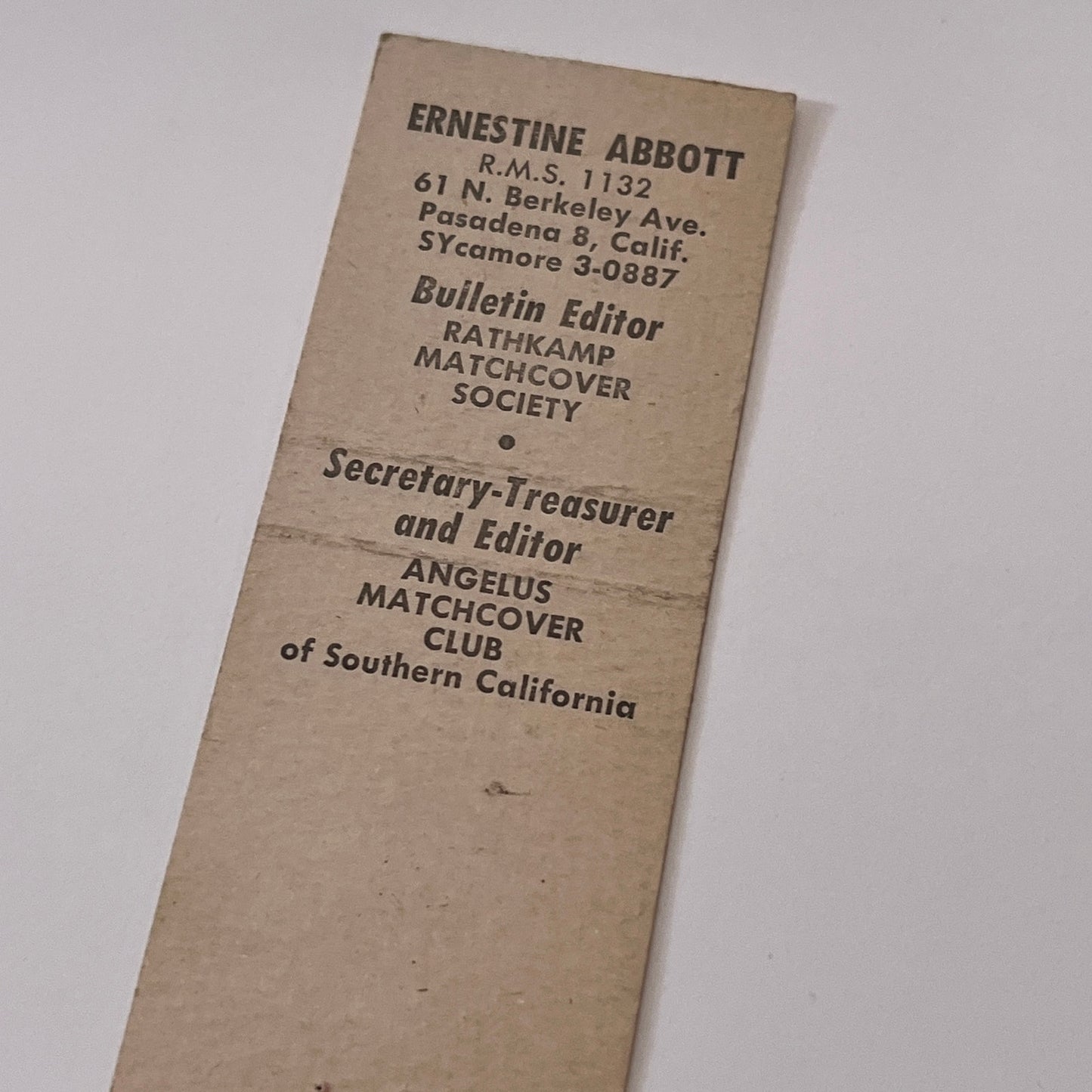 1958 RMS Convention San Francisco Ernestine Abbott Matchbook Cover TB6-MB1-15