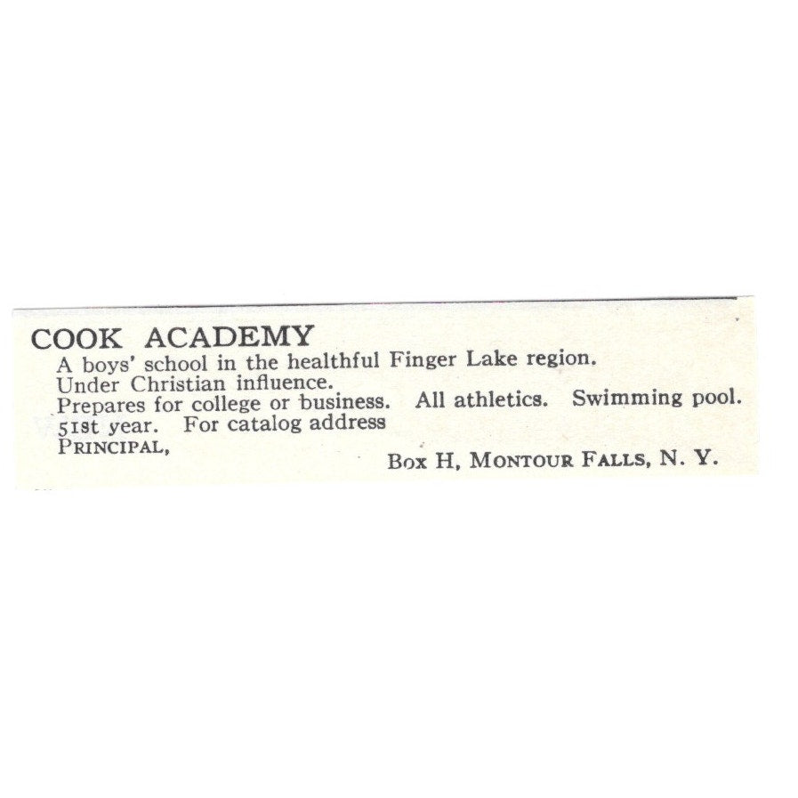 Cook Academy Finger Lake region Montour Falls NY 1924 Magazine Ad AD8-O6