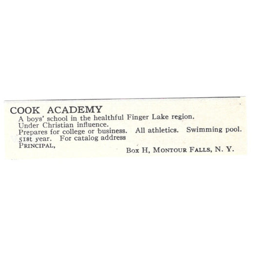Cook Academy Finger Lake region Montour Falls NY 1924 Magazine Ad AD8-O6