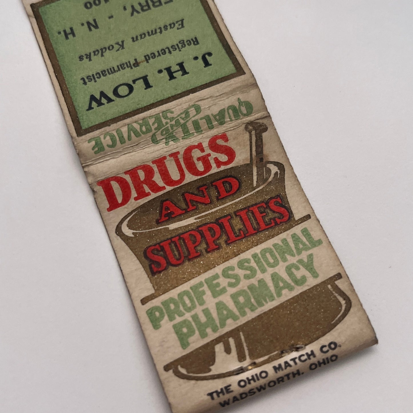 J.H. Low Pharmacist Derry New Hampshire Vintage Matchbook Cover MM3-4