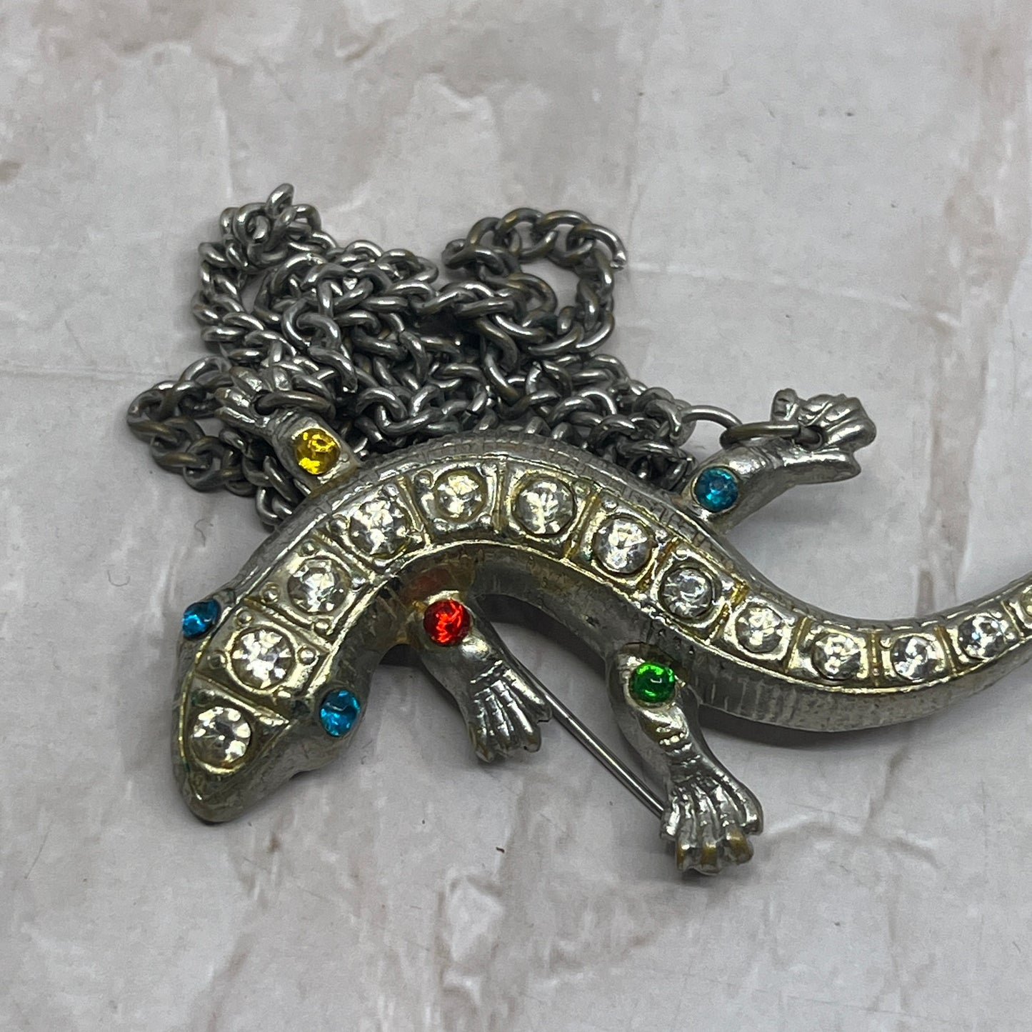 Vintage Rhinestone Gecko Salamander Lizard Brooch Pin with Tassel SB3