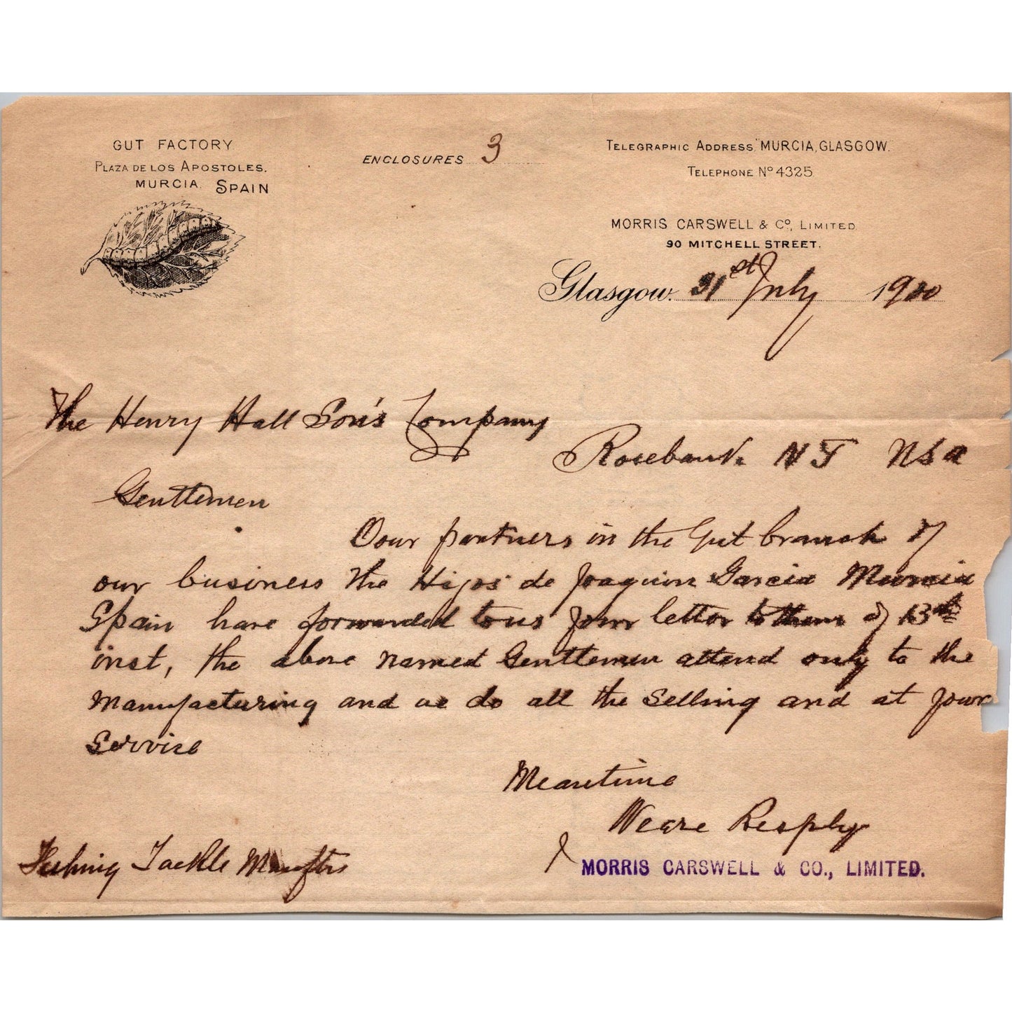 Morris Carswell & Co Ltd Glasgow Scotland Gut Factory c1910 Billhead C30