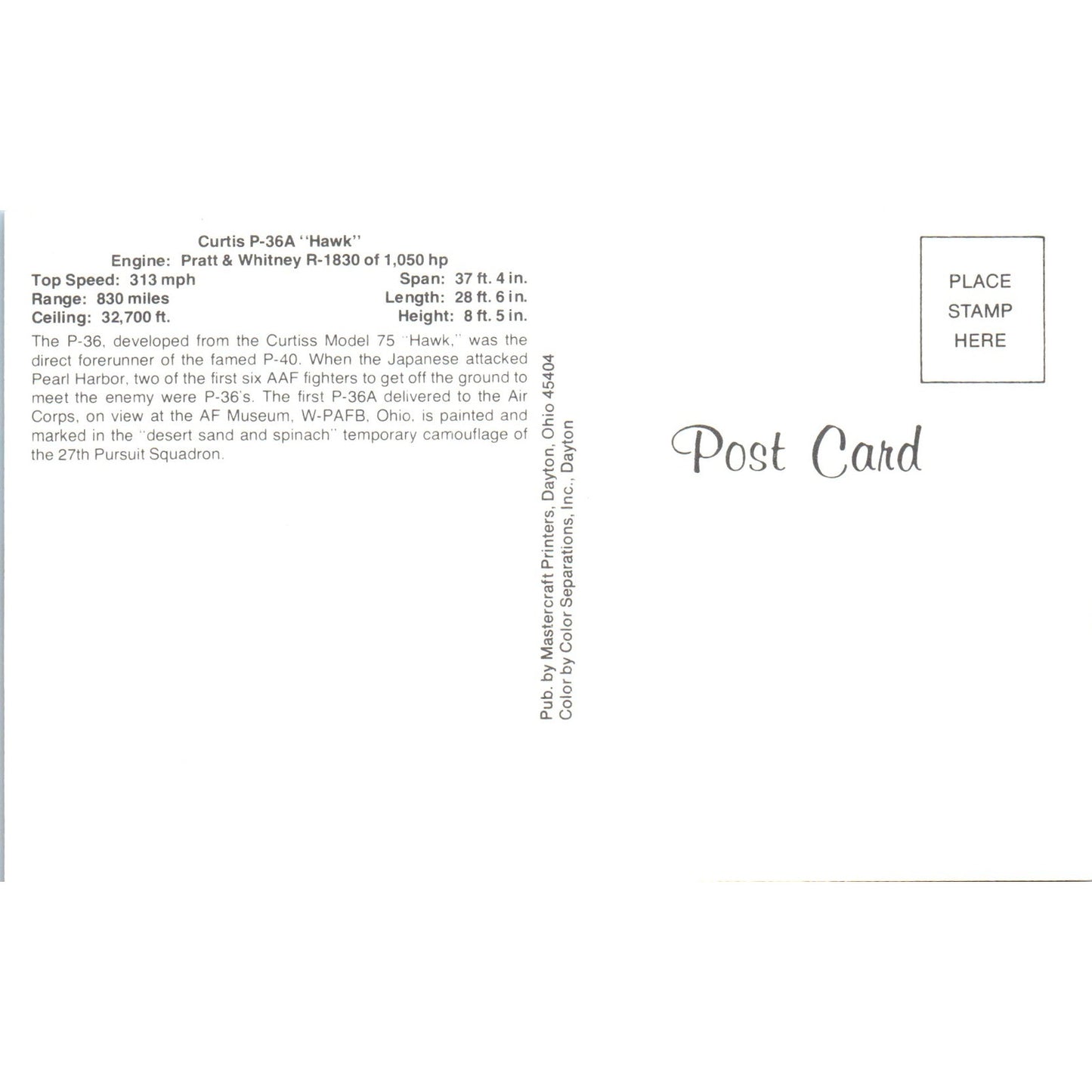 Curtis P-36A Hawk Vintage Postcard P4-5