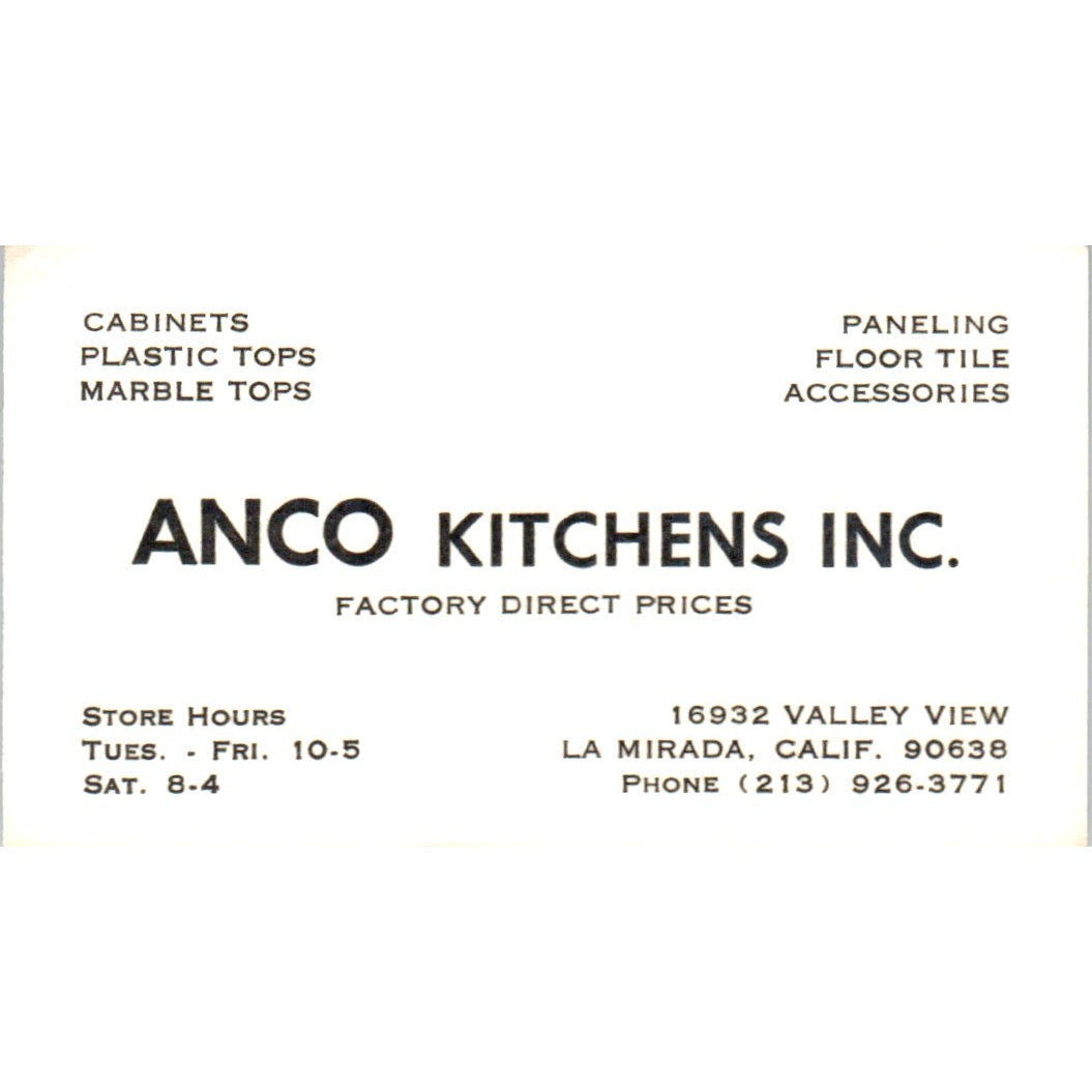 ANCO Kitchens Inc La Mirada CA Vintage Business Card SD8-B13
