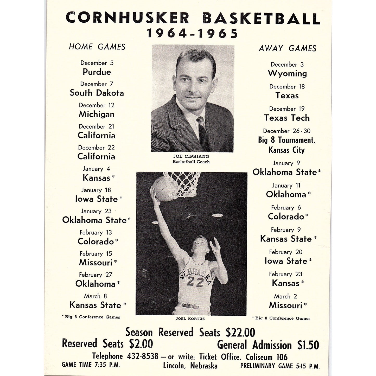 1964 Nebraska Cornhusker Basketball Preview Joe Cipriano Joel Kortus AG7-3
