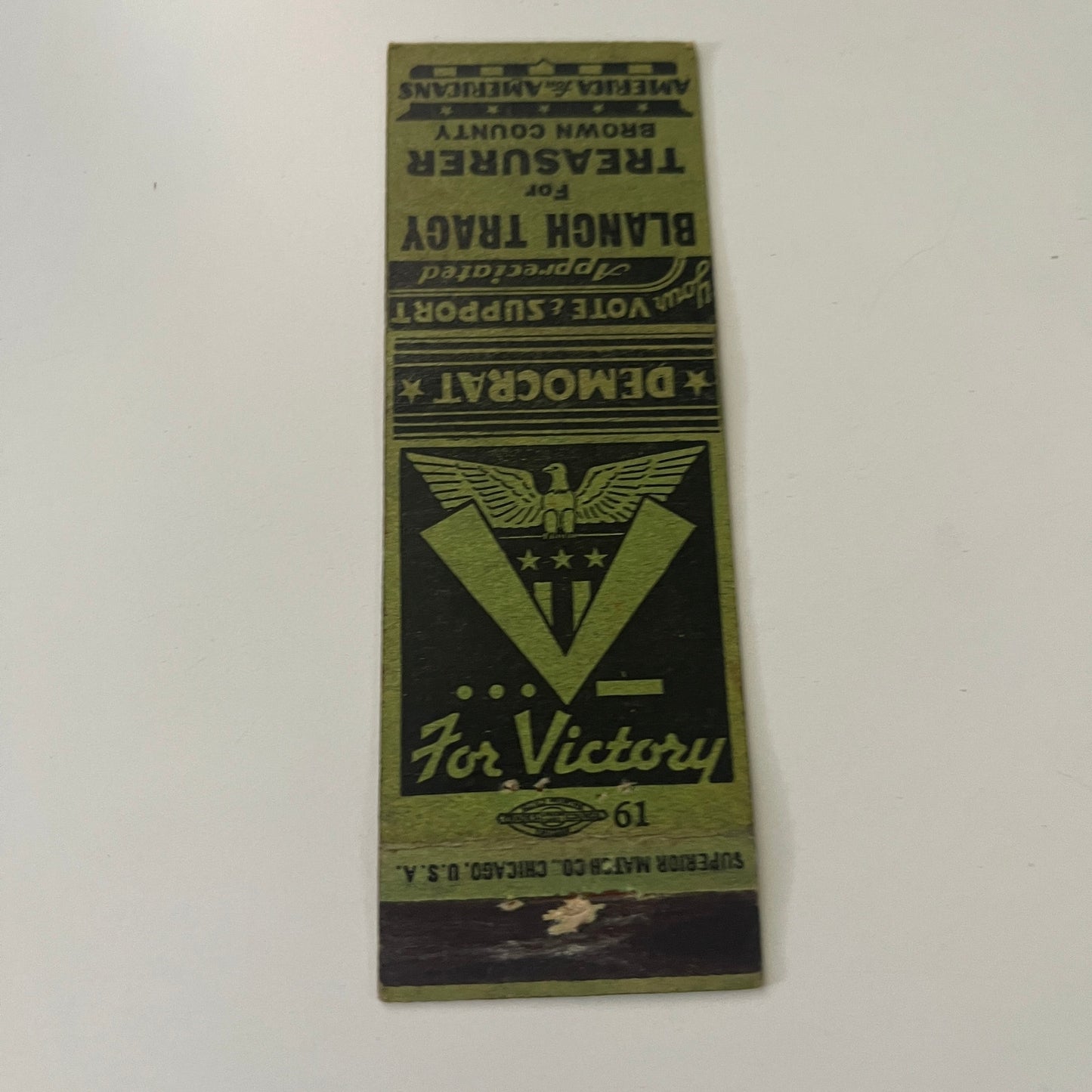 Blanch Tracy Treasurer Brown County IN Political WWII Era 1940s Matchbook MB1-6