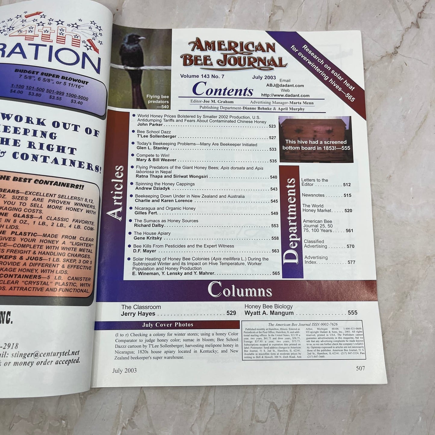 2003 July American Bee Journal Magazine Bees Beekeeping Honey M7