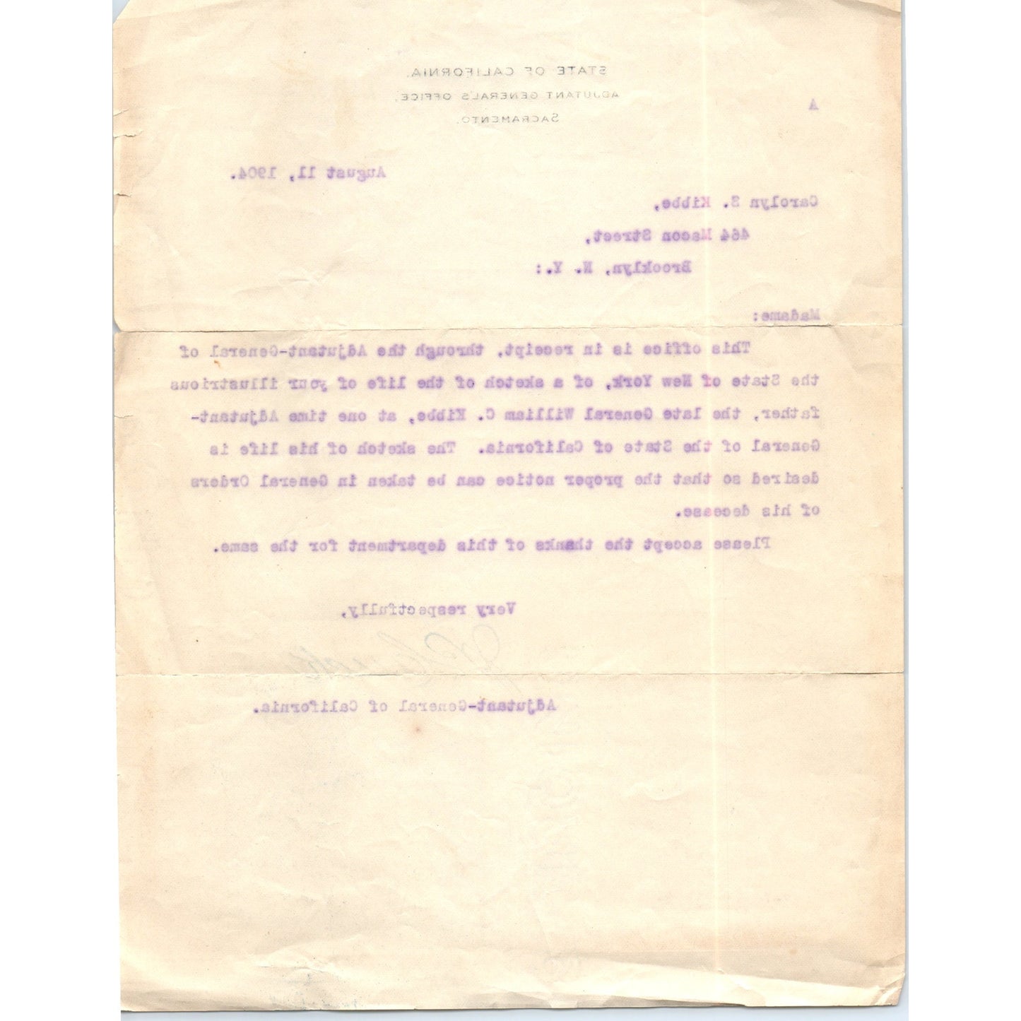 1904 Letter Adjutant-General of California Regarding Gen. William C. Kibbe D18