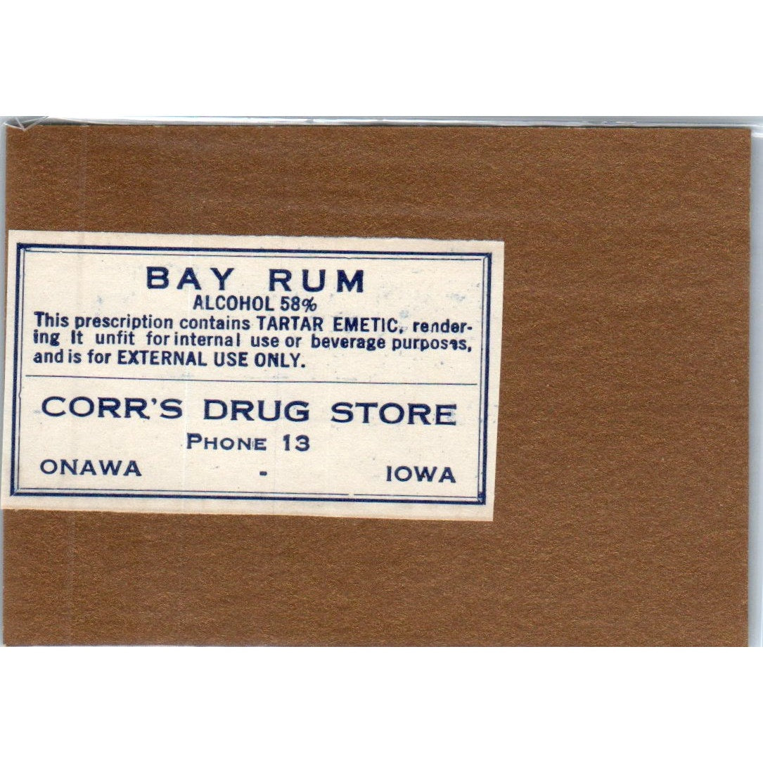 Corr's Drug Store Bay Rum Onawa Iowa Antique Apothecary Label TH2-AL