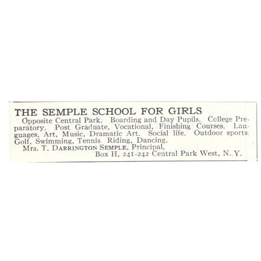 The Semple School for Girls Mrs T Darrington Central Park West NY 1924 Ad AD8-O7