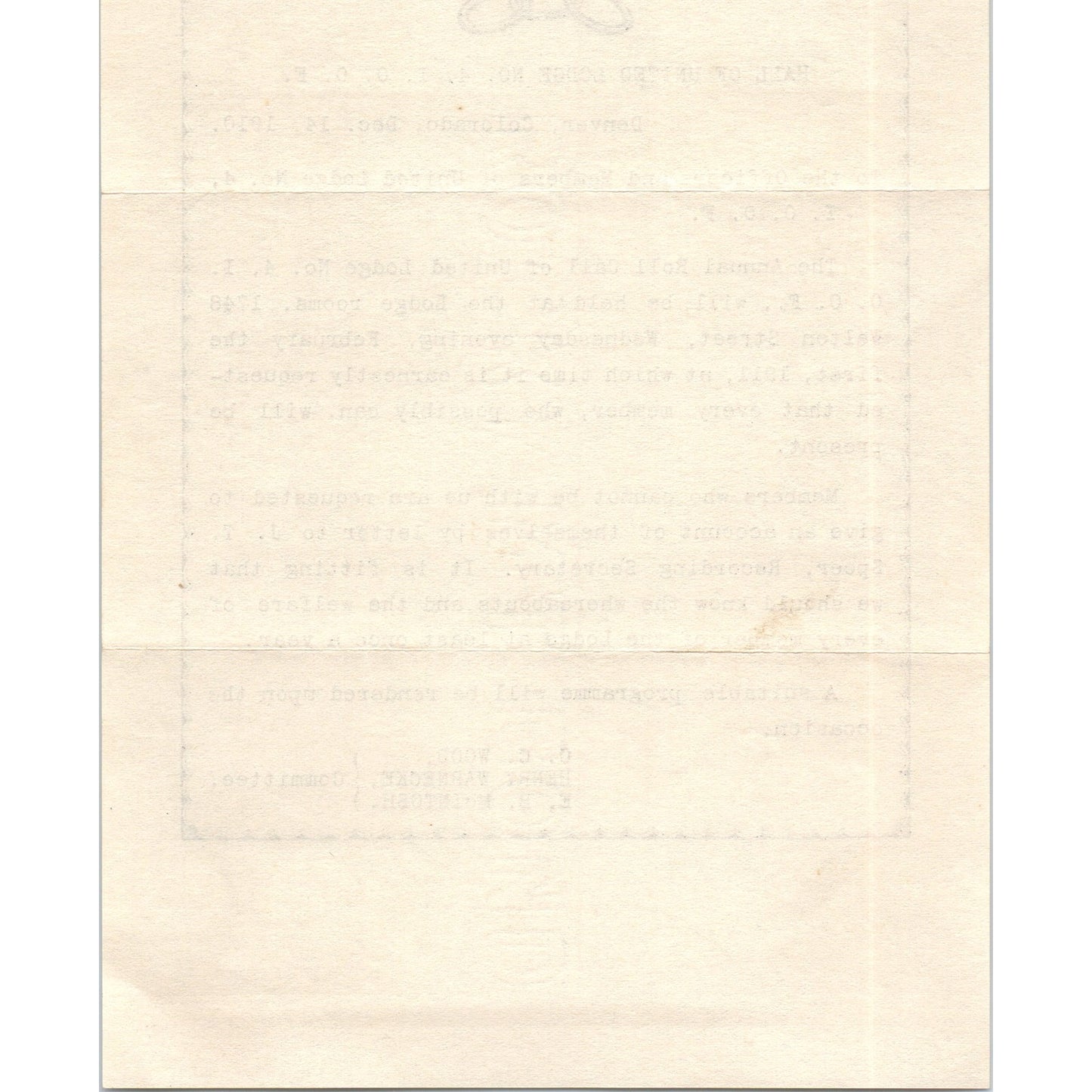 1910 Lodge No. 4.I.O.O.F. Denver CO Odd Fellows Annual Roll Call Flyer AD8-R7