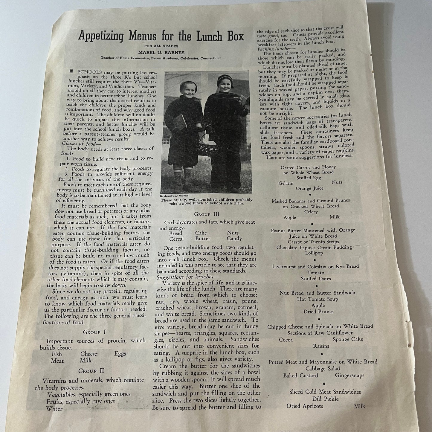 Appetizing Menus for the School Lunch Box by Mabel U Barnes 1938 Article V26-4