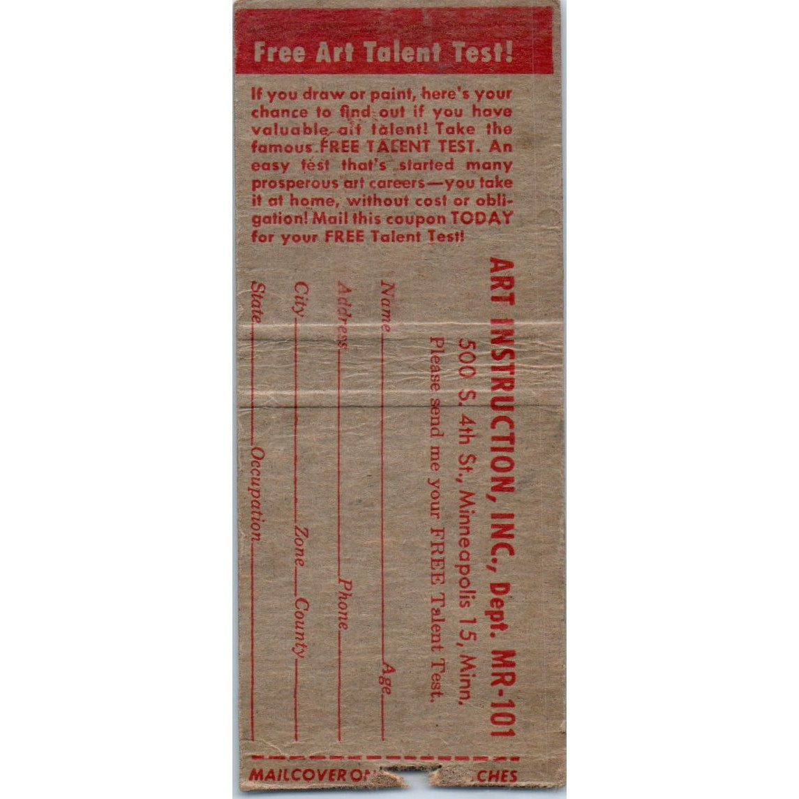 Free Art Talent Test Vintage Matchbook Cover SD2-Y5
