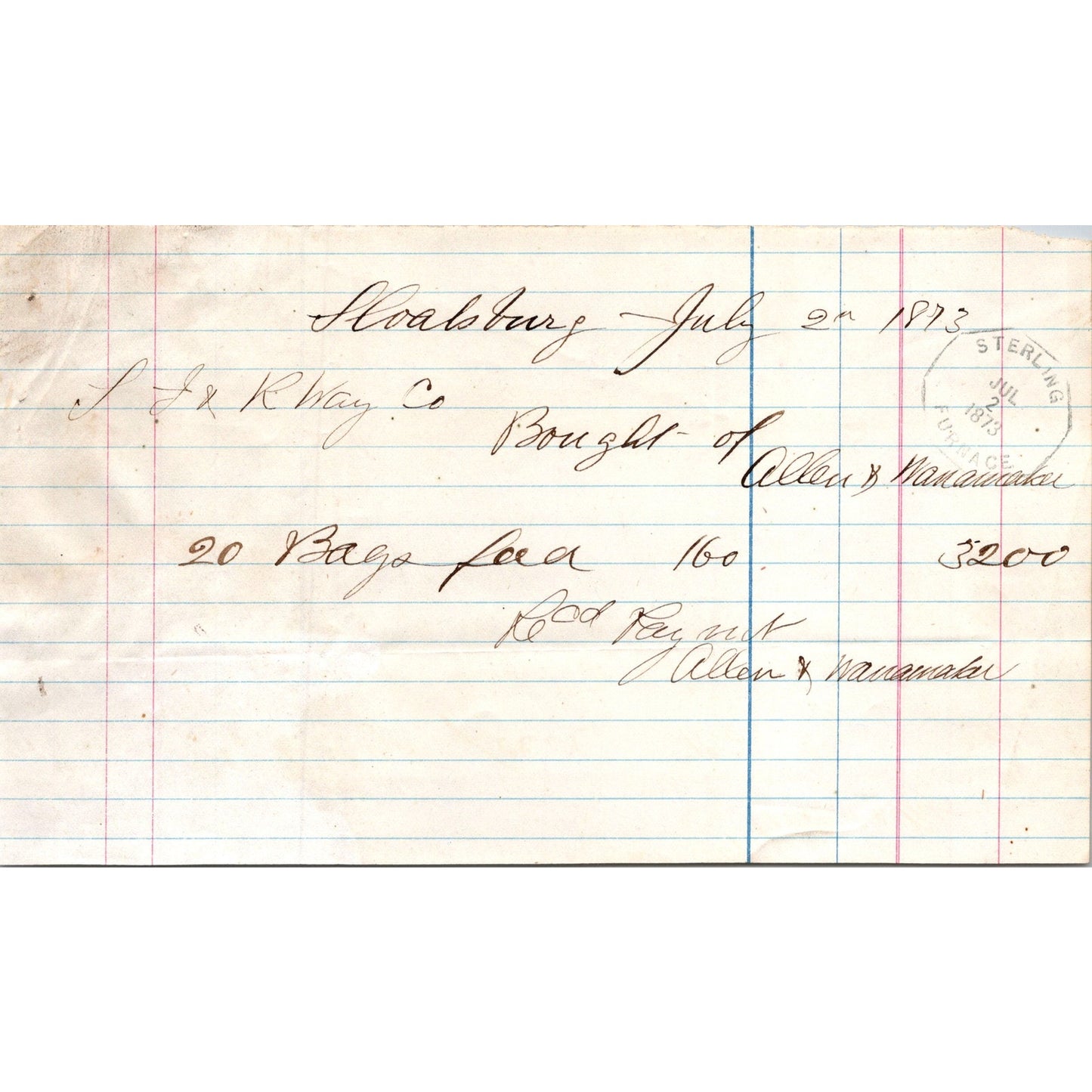 E.F. Allen & Wanamaker Dry Goods Sloatsburg NY 1873 Billhead & Receipt C29