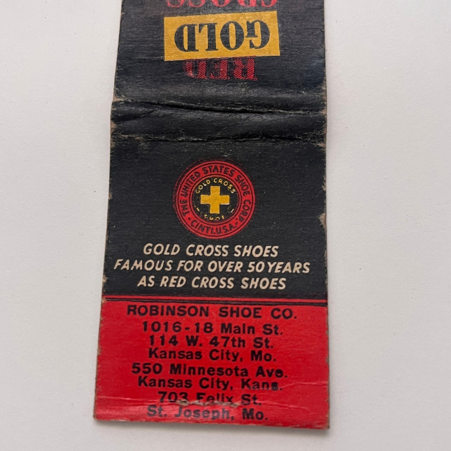 Robinson Shoe Co Gold Cross Shoes Kansas City Vintage Matchbook Cover MM3-4