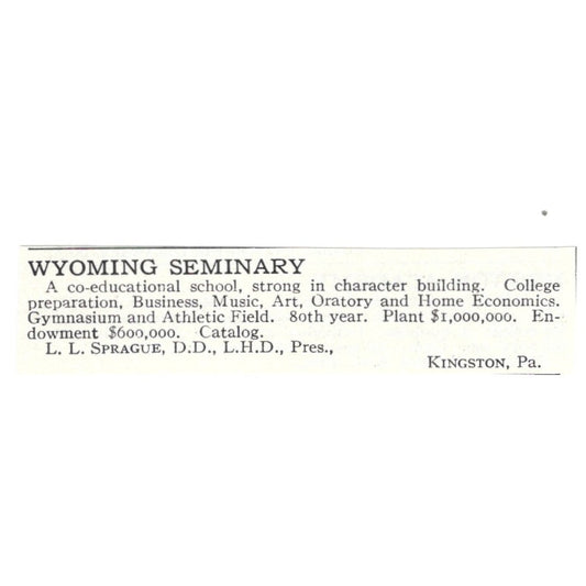 Wyoming Seminary L.L. Sprague Kingston PA 1924 Magazine Ad AD8-O7
