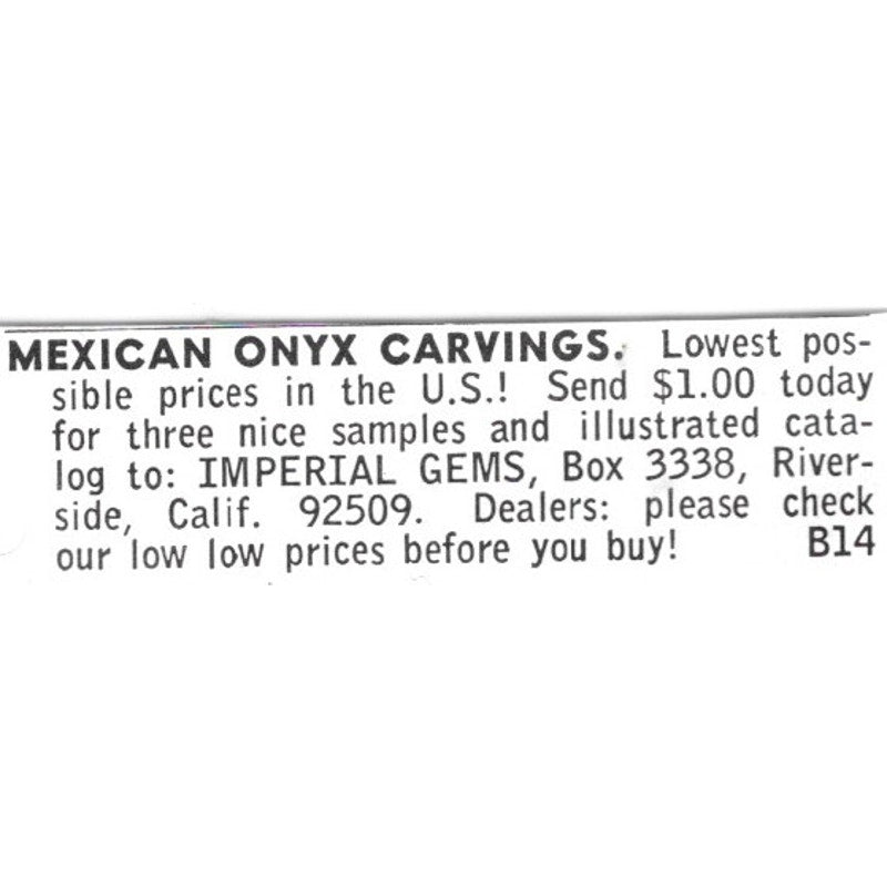 Imperial Gems Mexican Onyx Carvings Riverside CA 1972 Ad AF8-S10
