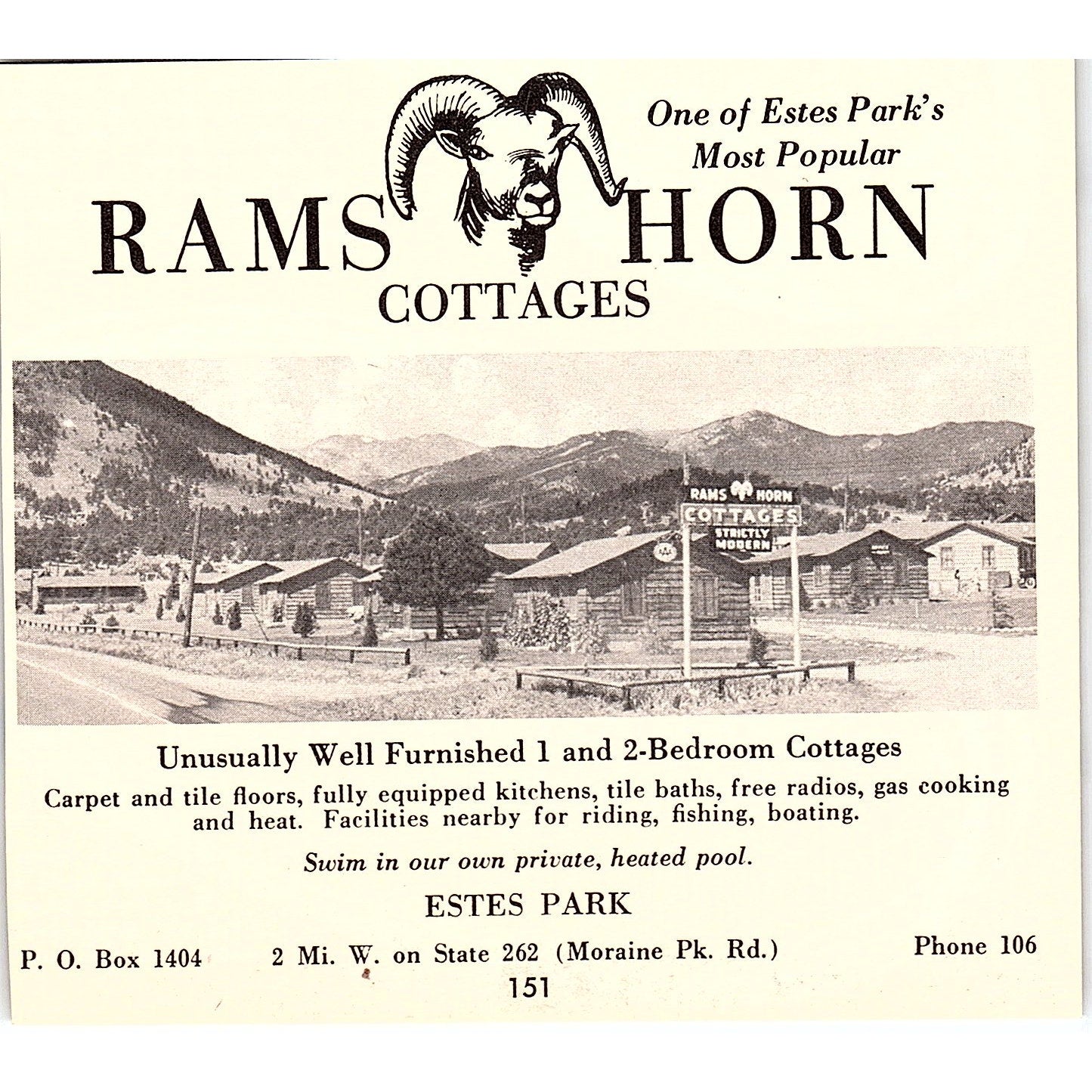 Rams Horn Cottages Estes Park CO 1958 Ad AG1-H4