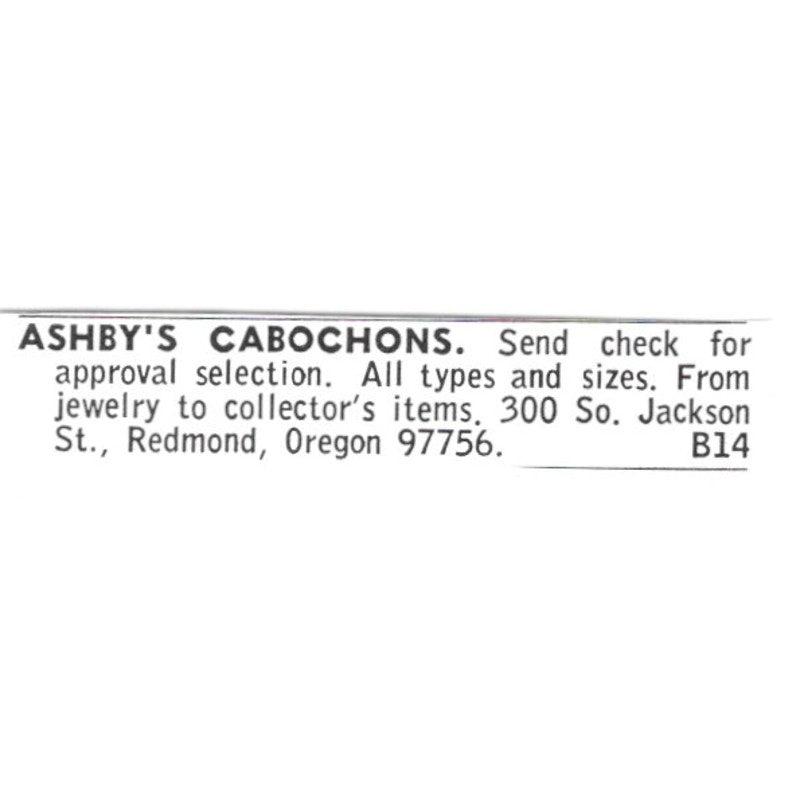 Ashby's Cabochons Redmond Oregon 1972 Ad AF8-S11