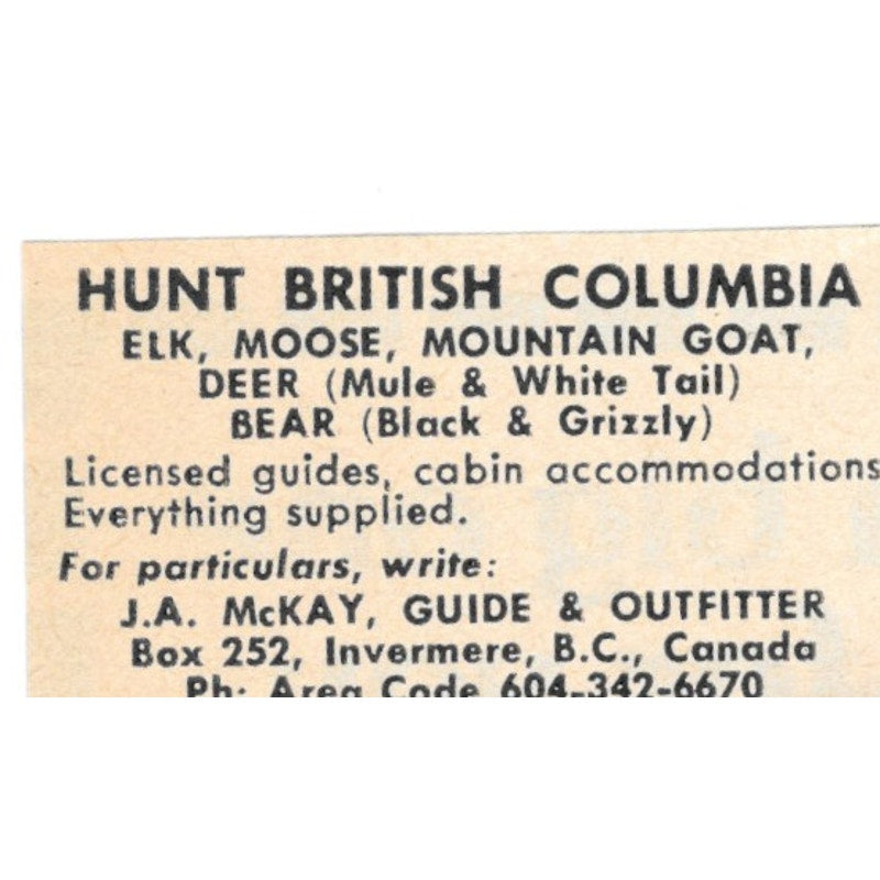 Hunt British Columbia J.A. McCay Guide BC Canada 1977 Ad AF6-S1
