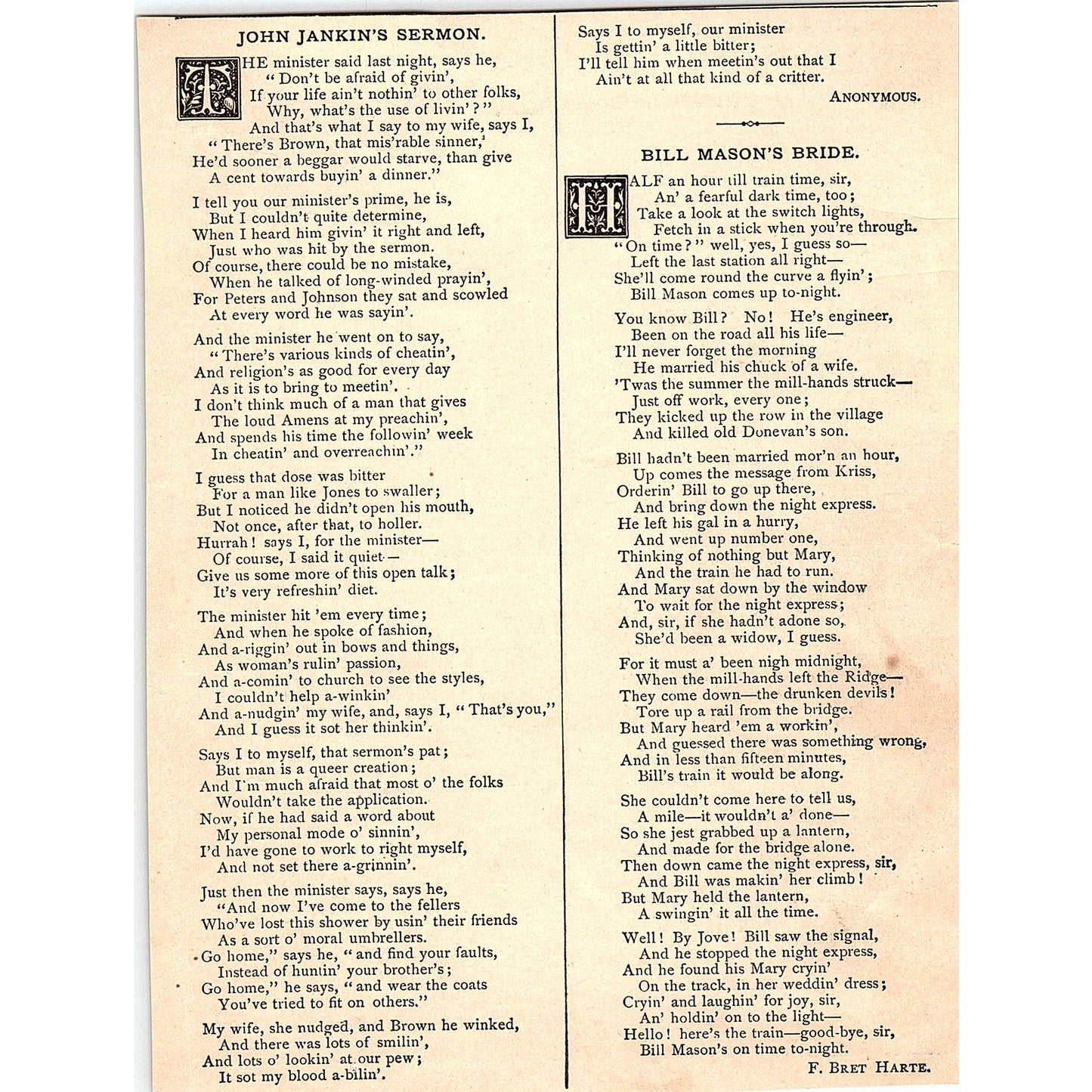 John Jankin's Sermon, Bill Mason's Bride - F. Bret Harte 1884 Poem AG3-1