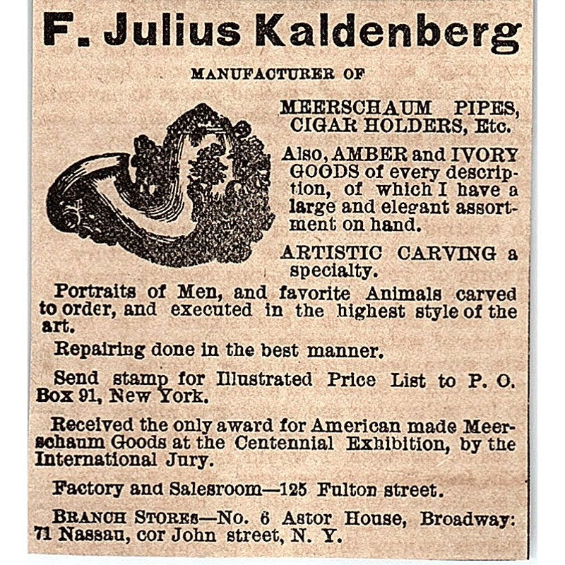 F. Julius Kaldenberg Meerschaum Pipes New York 1878 Ad AG2-M14