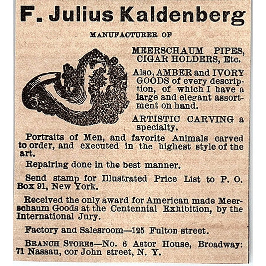 F. Julius Kaldenberg Meerschaum Pipes New York 1878 Ad AG2-M14