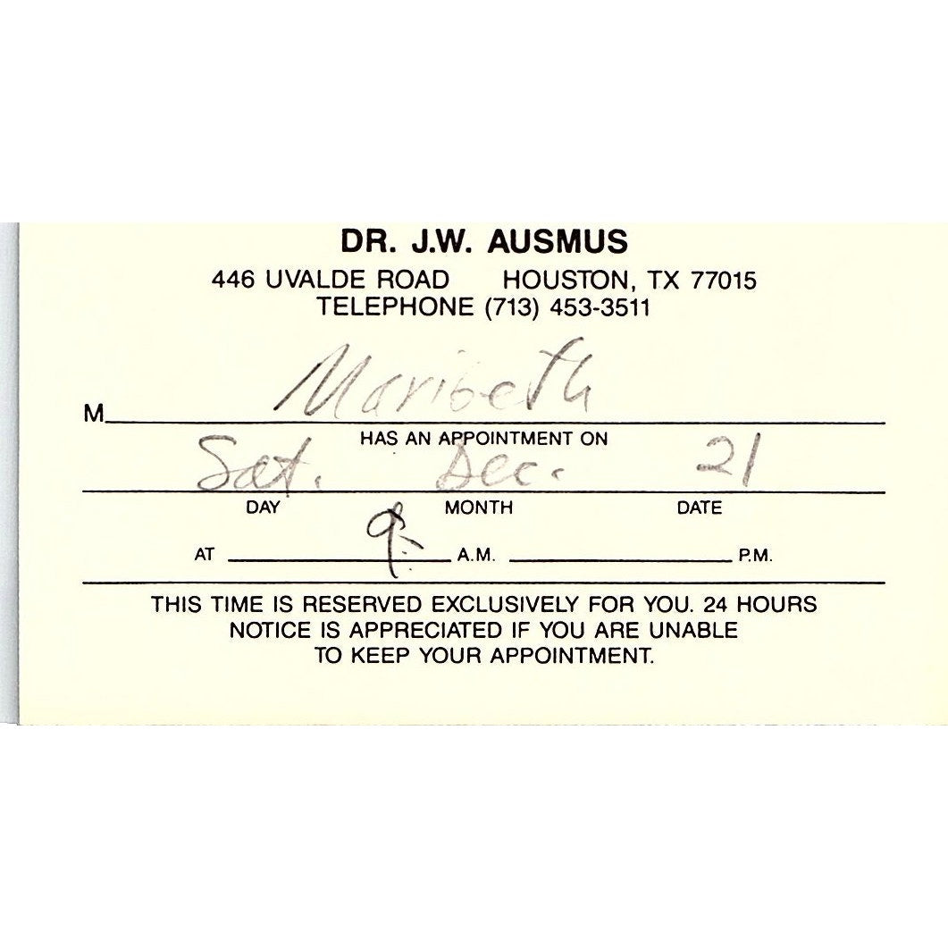 Dr. J.W. Ausmus Dentistry Houston Vintage Business Card SD9-B14