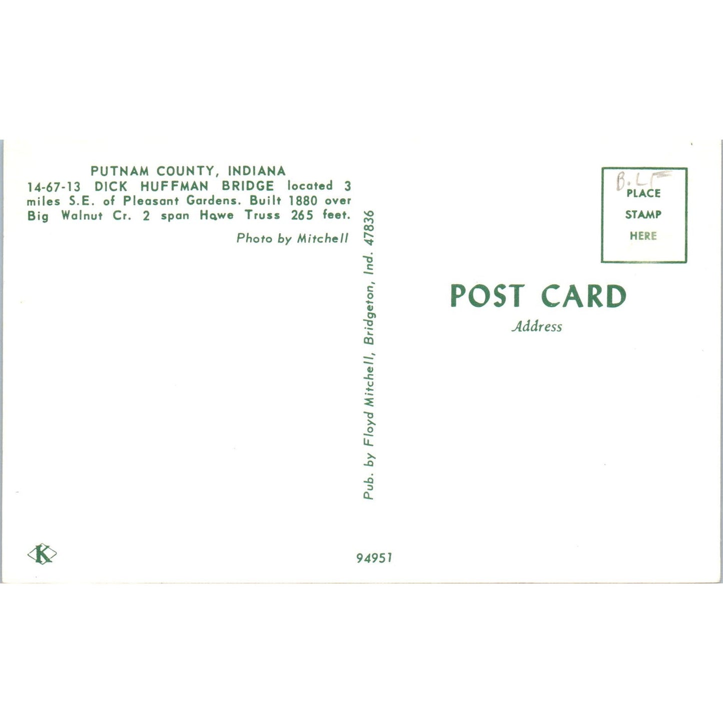Dick Huffman Bridge 14-67-13 Putnam County Vintage Covered Bridge Postcard PD1