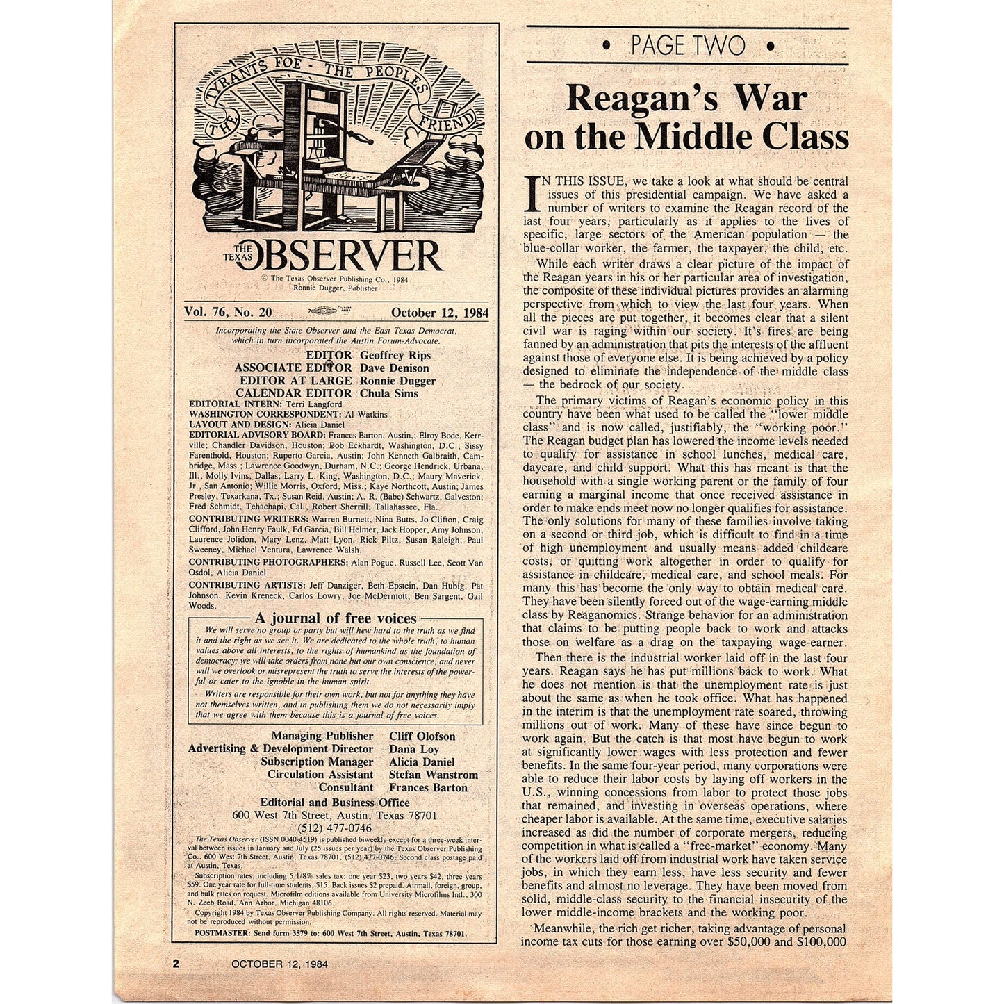 The Texas Observer Oct 1984 Cover Only - Ronald Reagan Caricature 1984 Ad AF6-9