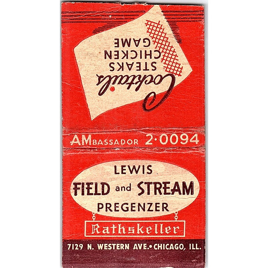 Lewis Field and Stream Pregenzer Rathskeller Chicago Vtg Matchbook Cover SF3-Y4
