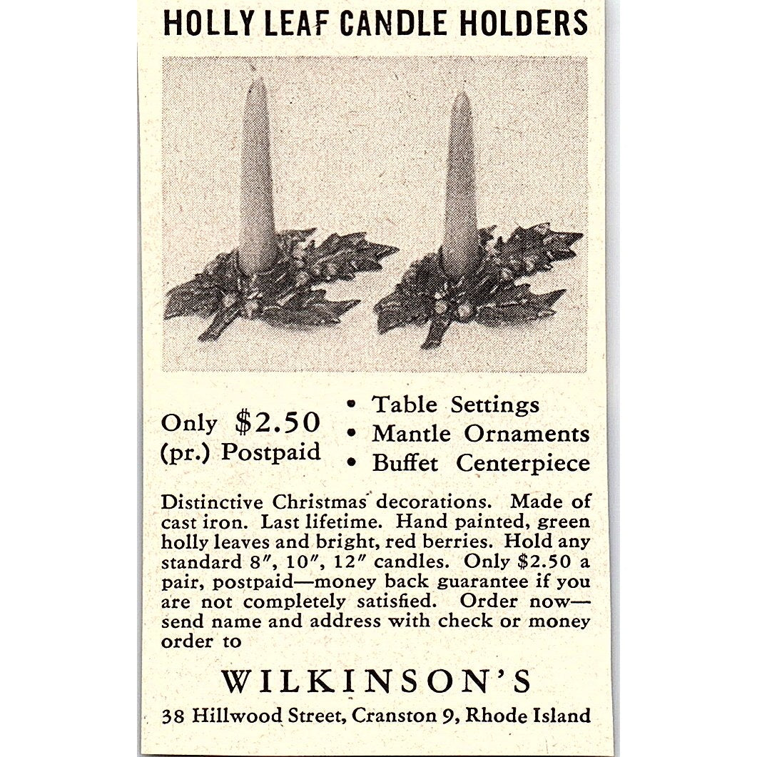 Wilkinson's Holly Leaf Candle Holder Cranston RI 1952 Yankee Magazine Ad SAG5-M3