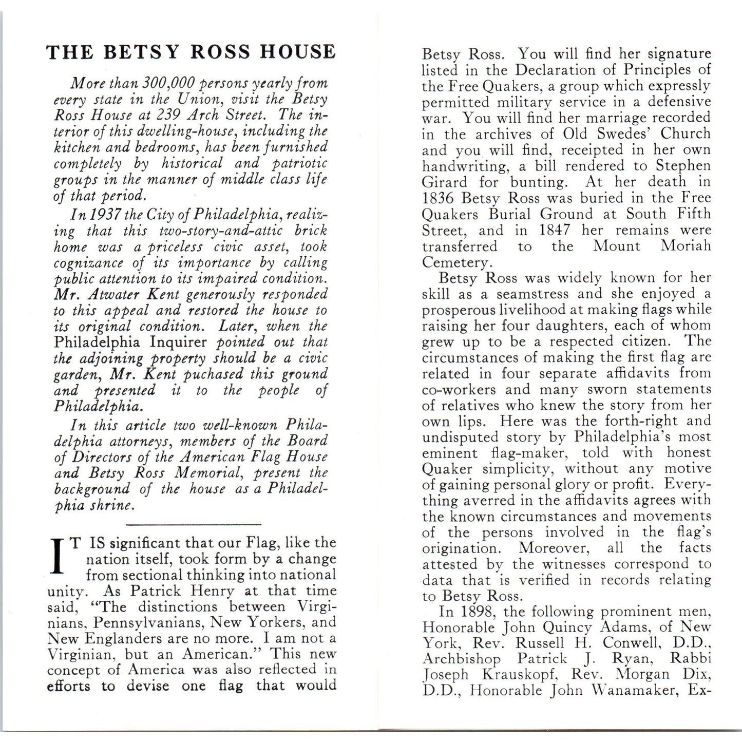 1970s The Betsy Ross House - A National Shrine Travel Brochure TF4-BB
