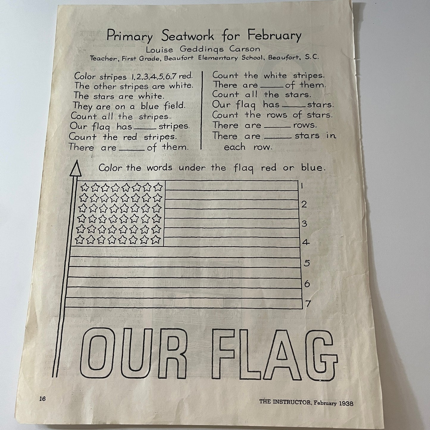 Primary Seatwork for February Louise Geddings Carson 1938 Magazine Article V26-4