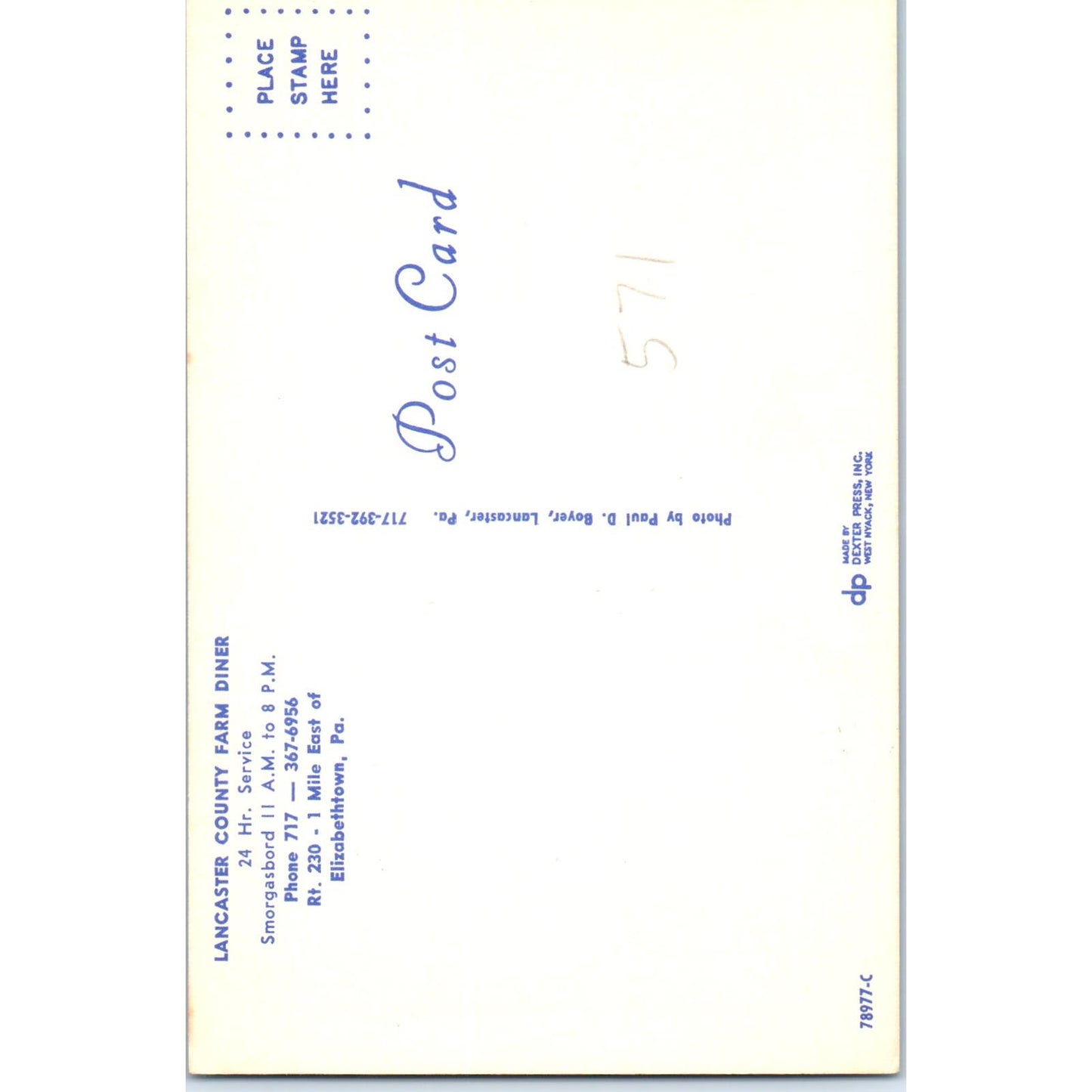 Lancaster County Farm Diner Elizabethtown PA Dutch Country Postcard PD7