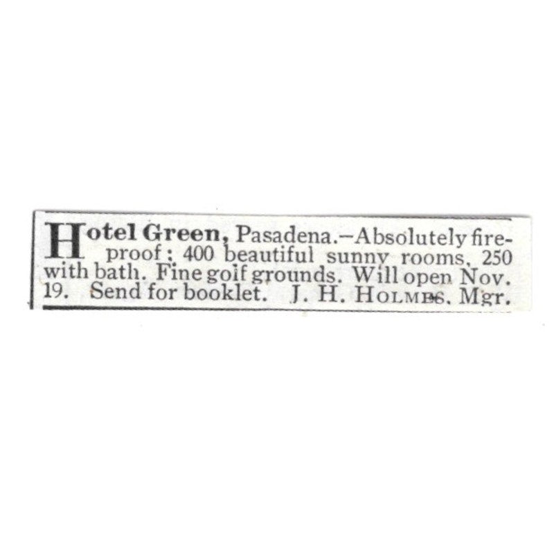 Hotel Green Pasadena J.H. Holmes 1903 Ad AF8-S41