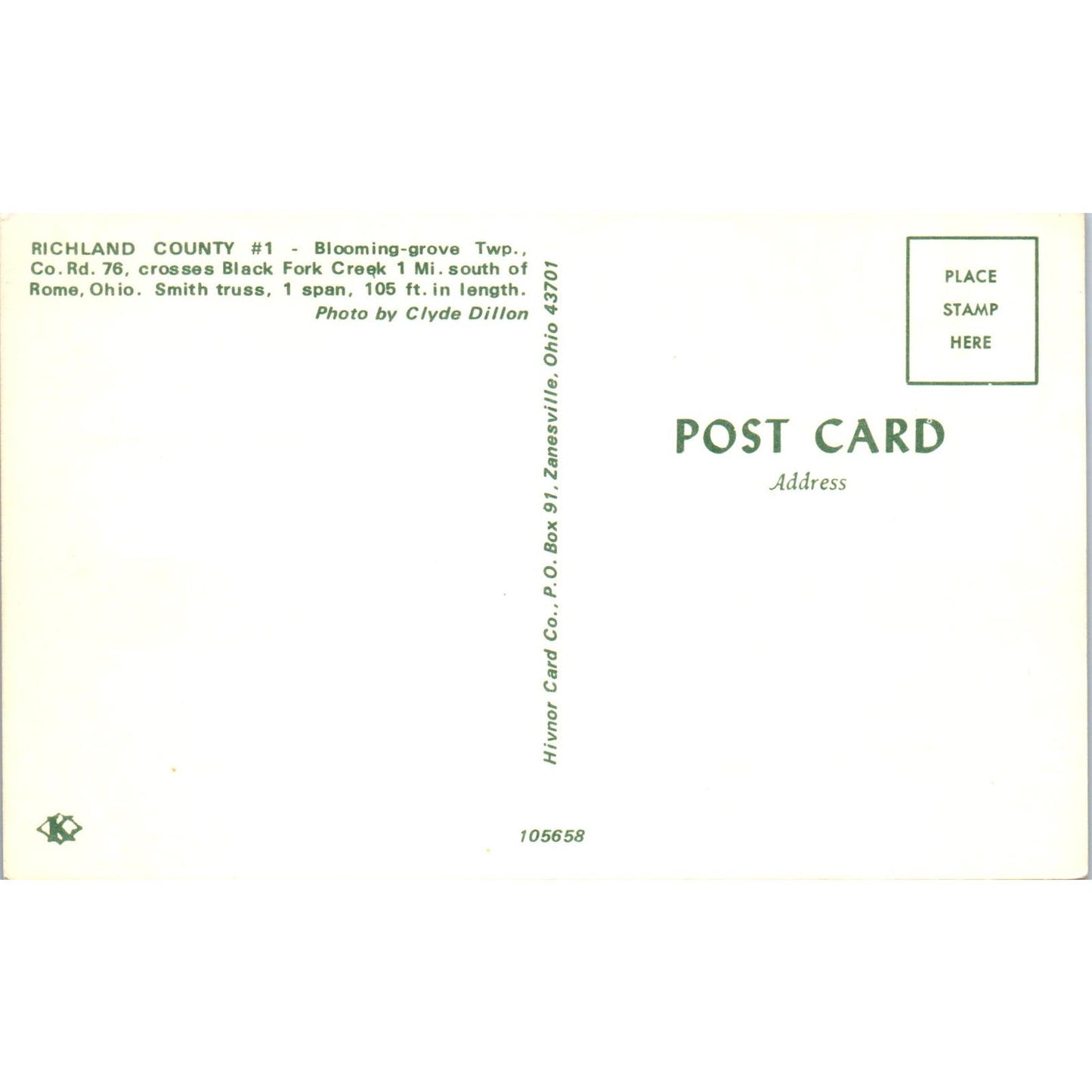 Richland County #1 Blooming-Grove Twp Rome Ohio Covered Bridge Postcard PB13